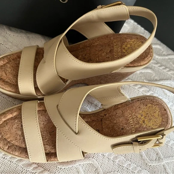 Vince Camuto Cream Wedge Sandals Leather “Diliah” Style, Various Sizes - Picture 13 of 14
